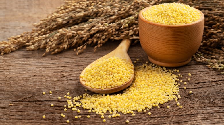 Spoon and bowl of uncooked millet