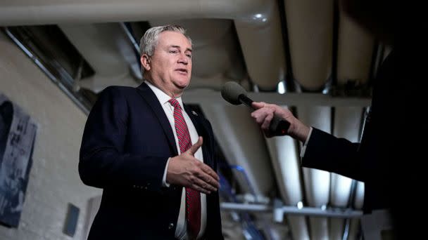 PHOTO: Chairman of the House Oversight Committee Rep. James Comer (R-KY) speaks to reporters on his way to a closed-door GOP caucus meeting at the U.S. Capitol January 10, 2023 in Washington, DC. (Drew Angerer/Getty Images)