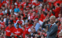 <p>Soccer Football – Premier League – Arsenal vs Burnley – Emirates Stadium, London, Britain – May 6, 2018 Arsenal manager Arsene Wenger waves to fans during the match REUTERS/Ian Walton EDITORIAL USE ONLY. No use with unauthorized audio, video, data, fixture lists, club/league logos or “live” services. Online in-match use limited to 75 images, no video emulation. No use in betting, games or single club/league/player publications. Please contact your account representative for further details. </p>