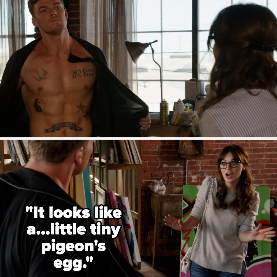 on new girl, a guy exposes himself to jess and she says "it looks like a little tiny pigeon's egg"