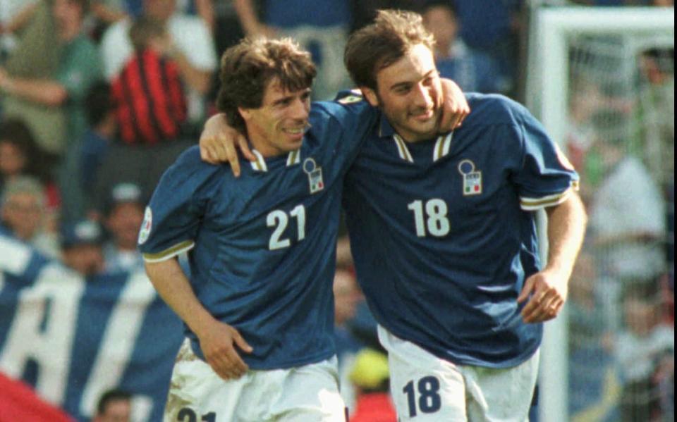 The Euro 96 version - seen here modelled by Gianfranco Zola and Pierluigi Casiraghi - AP/Luca Bruno