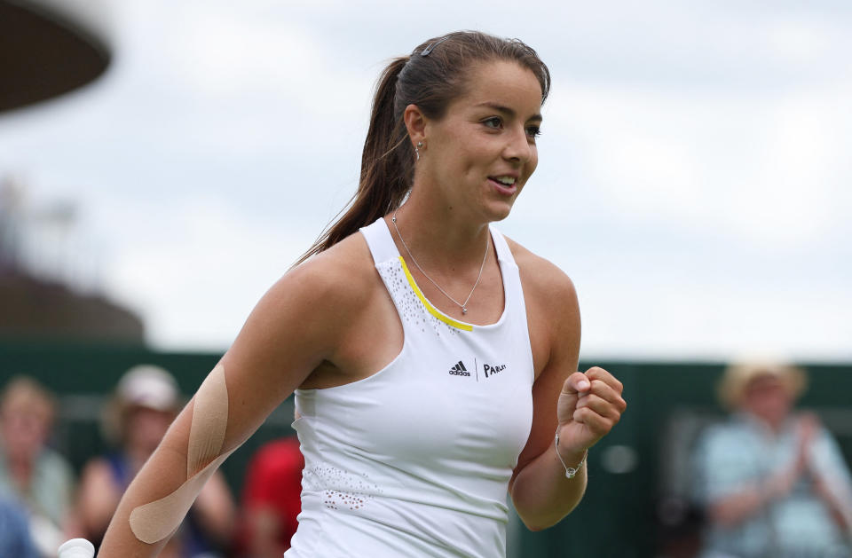 Britain's Jodie Burrage reacts during her first round Wimbledon match against Ukraine's Lesia Tsurenko 