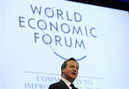 Britain's Prime Minister David Cameron speaks during a session at the annual meeting of the World Economic Forum (WEF) in Davos January 24, 2014. REUTERS/Denis Balibouse