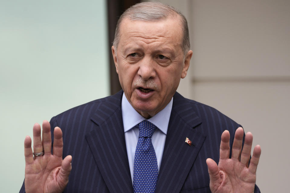 FILE - Turkish President Recep Tayyip Erdogan speaks to the media during a news conference following Friday noon prayers in Istanbul, Turkey, on May 3, 2024. Erdogan and President Ilham Aliyev of Azerbaijan will be guests of the Shanghai Cooperation Organization summit in Astana, Kazakhstan. (AP Photo/Khalil Hamra, File)