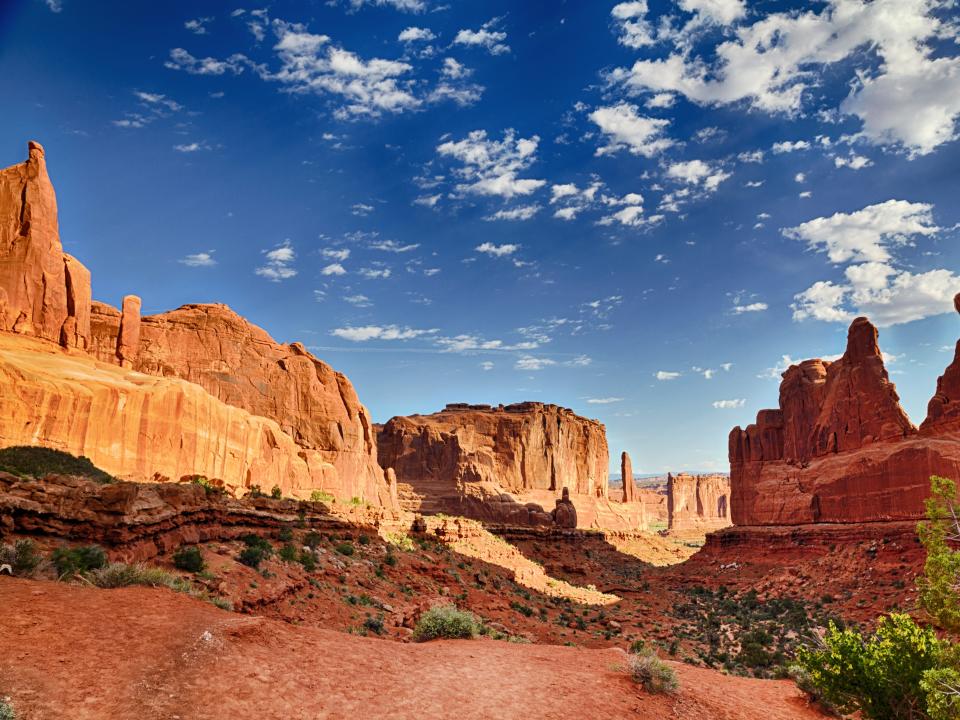 A view of Arches National Park in Moab Utah with red rock structures