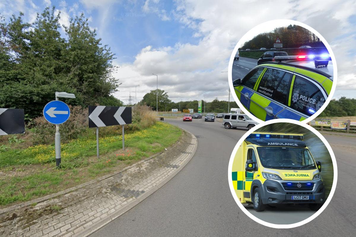 An A140 roundabout was closed at Scole <i>(Image: Google/Newsquest)</i>