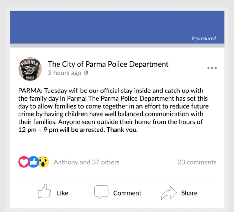 One of the Facebook parody pages made by Anthony Novak, satirizing the Parma Police Department in Ohio. <a href="https://ij.org/wp-content/uploads/2022/09/Novak-Facebook-Post-02.png" rel="nofollow noopener" target="_blank" data-ylk="slk:Institute for Justice;elm:context_link;itc:0;sec:content-canvas" class="link ">Institute for Justice</a>, <a href="http://creativecommons.org/licenses/by-sa/4.0/" rel="nofollow noopener" target="_blank" data-ylk="slk:CC BY-SA;elm:context_link;itc:0;sec:content-canvas" class="link ">CC BY-SA</a>