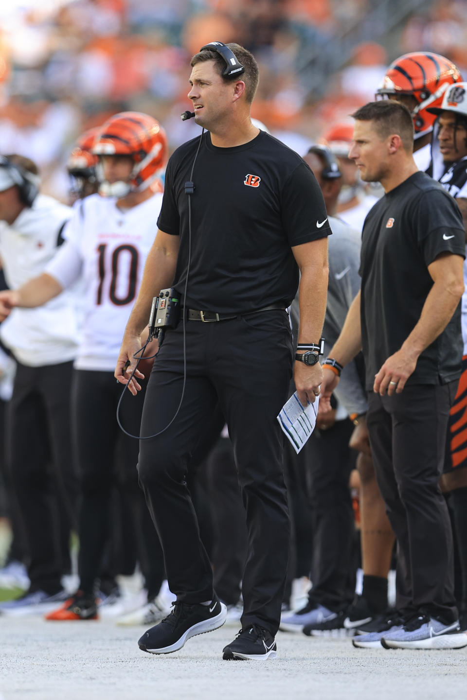 Cincinnati Bengals head coach Zac Taylor on the sideline in the first half of an NFL exhibition football game against the Miami Dolphins in Cincinnati, Sunday, Aug. 29, 2021. (AP Photo/Aaron Doster)