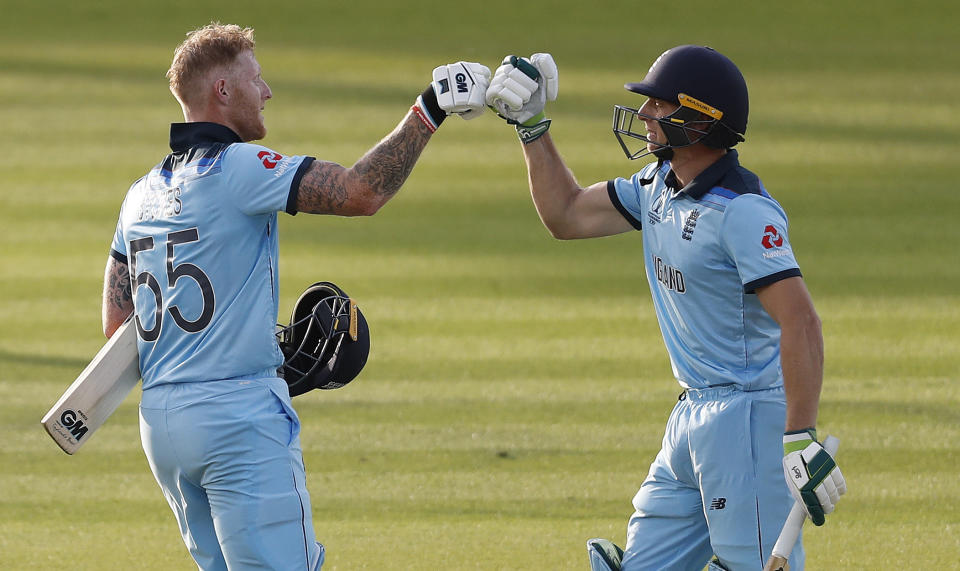 Ben Stokes and Jos Buttler give England 15 runs to defend in the super over (AP Photo/Alastair Grant)