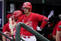 St. Louis Cardinals' Nolan Arenado prepares to bat during the first inning of a spring training baseball game against the Washington Nationals Sunday, Feb. 28, 2021, in Jupiter, Fla. (AP Photo/Jeff Roberson)