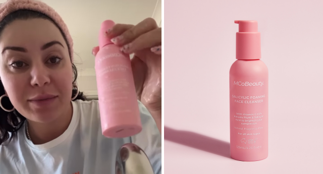 Former MAFS star, Martha Kalifatidis holds a pink MCoBeauty foaming cleanser bottle on the left with a pale background behind her, with a product image on the right of the pink cleanser against a pale pink background.