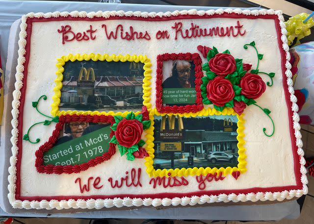 <p>Courtesy of Kerry Ford PR</p> A retirement cake in honor of longtime McDonald's employee Dot Sharp.