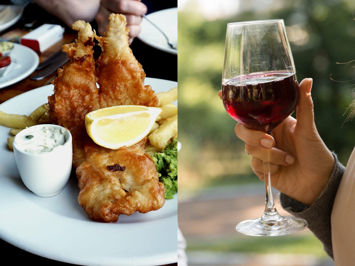 Fish and chips on a plate; A woman holds a glass of red wine in a park