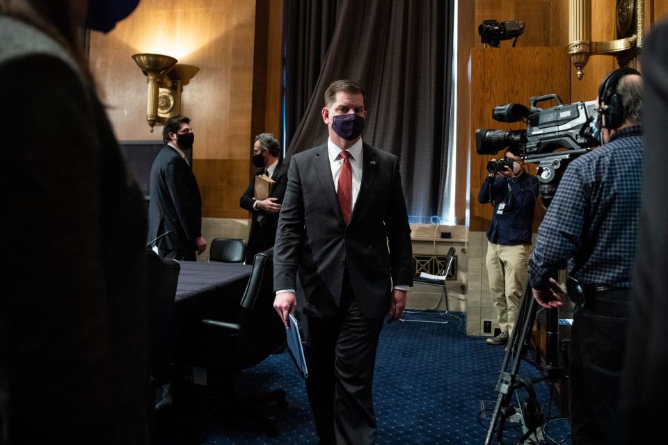 Marty Walsh, leaves after testifying on his nomination to be Secretary of Labor before the Senate Committee on Health, Education, Labor and Pensions on February 4, 2021, in Washington, DC. (Photo by Graeme Jennings / POOL / AFP) (Photo by GRAEME JENNINGS/POOL/AFP via Getty Images)