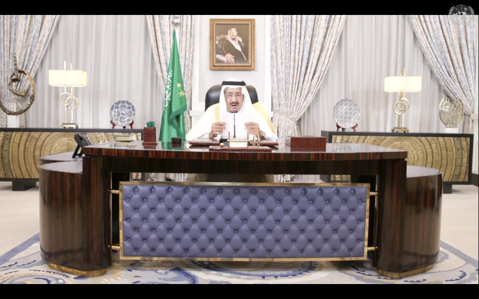 In this photo taken from video, Salman Bin Abdulaziz Al-Saud, King of Saudi Arabia, remotely addresses the 76th session of the United Nations General Assembly in a pre-recorded message, Wednesday, Sept. 22, 2021, at UN headquarters. (UN Web TV via AP)