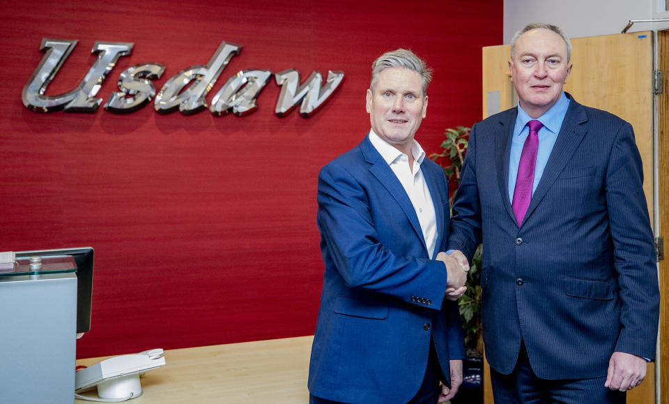 Sir Keir Starmer with Usdaw general secretary Paddy Lillis at the head office of Usdaw in Fallowfield, Manchester, as he campaigns for leadership of the Labour Party. (Photo by Pete Byrne/PA Images via Getty Images)