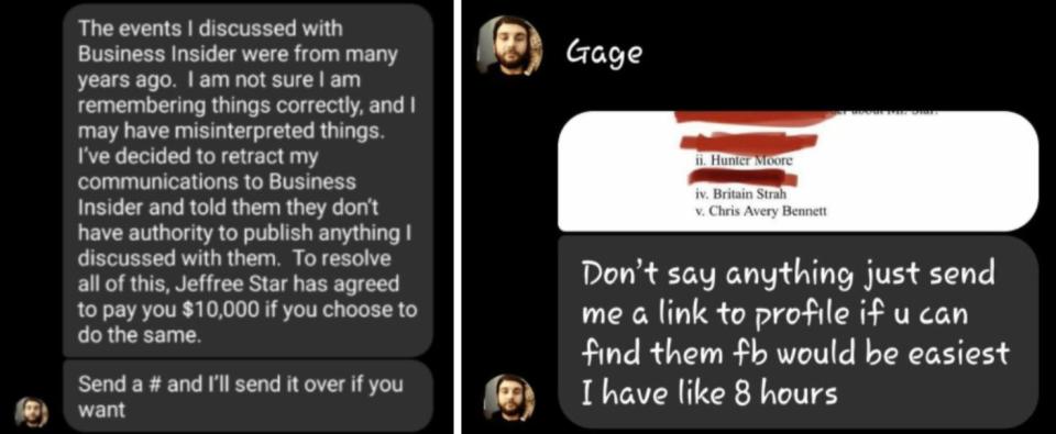 Gage Arthur sent these message to Chris Avery Bennet and a friend of his days before Insider's article was published, after communicating with Star's lawyers.