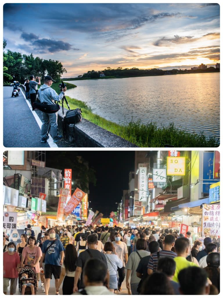 嘉義市的後花園－蘭潭優美的山光水色（上），端午市區人潮強強滾（下）。（記者湯朝村攝)