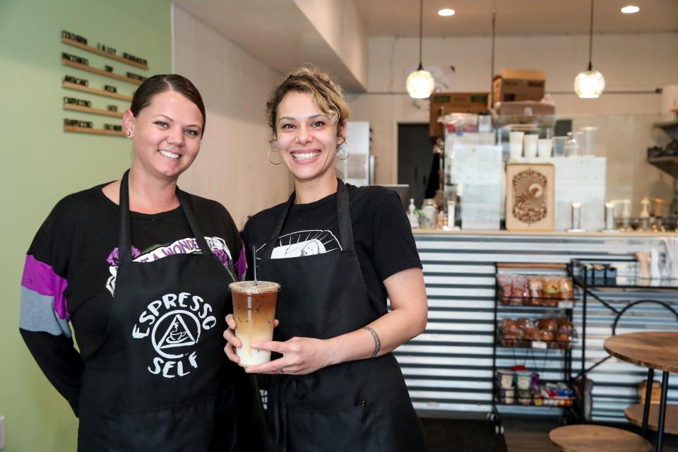Espresso Self owners Andrea Martin, left, and Stephanie Wright inside the recently opened coffee shop in Desert Hot Springs on Feb. 5.