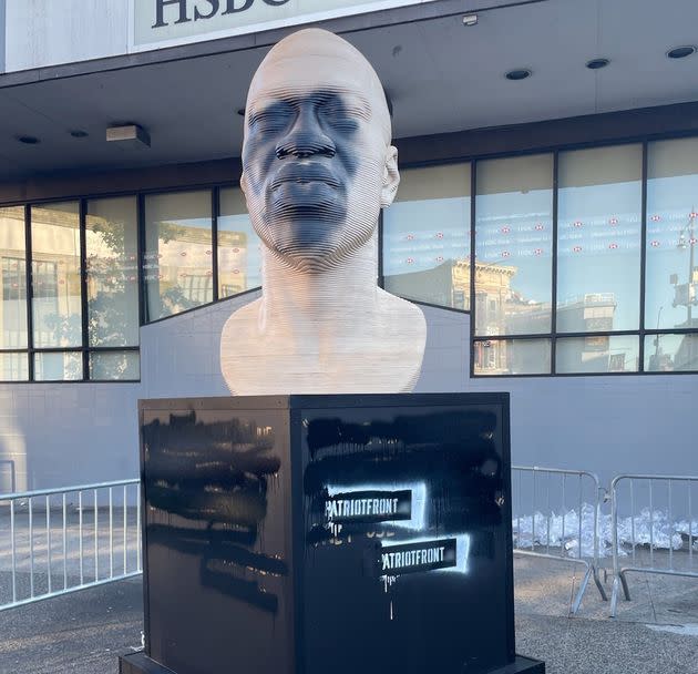 A statue of George Floyd was vandalized in Brooklyn, New York, early Thursday morning, just a few days after its unveiling. (Photo: Courtesy Lindsay Eshelman)