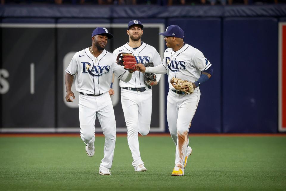 Tampa Bay Rays left fielder Randy Arozarena (56), center fielder Kevin Kiermaier (39) and shortstop Wander Franco (5) during Game 2 of the 2021 ALDS against the Boston Red Sox on Oct. 8, 2021.