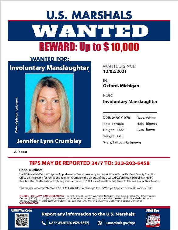 Wanted poster for Jennifer Lynn Crumbley, the mother of Ethan Crumbley, the 15-year-old student who is accused of the Oxford High School shooting that killed four fellow students and injured seven others.