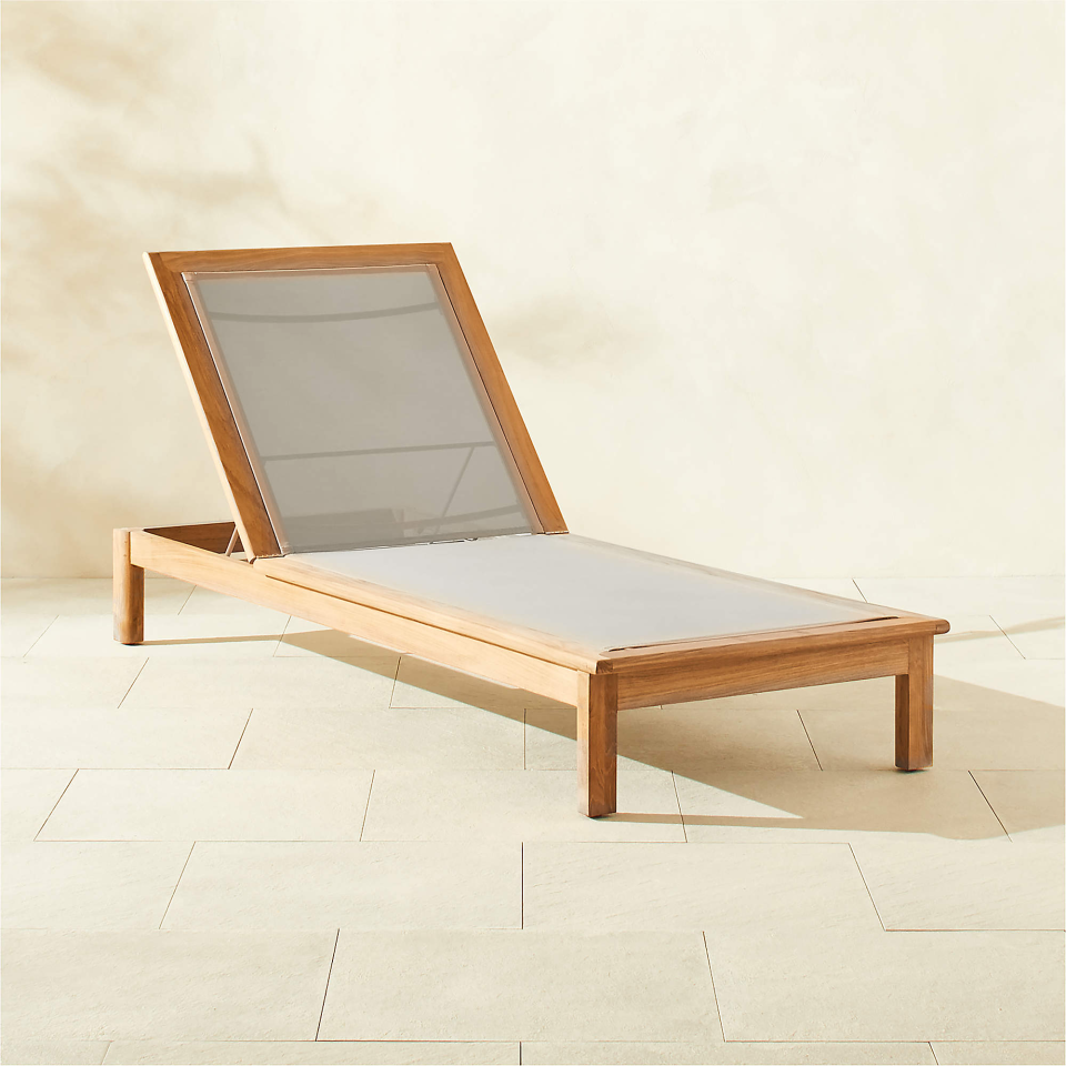 CB2 Cabra Teak and Grey Textilene Outdoor Sun Lounger