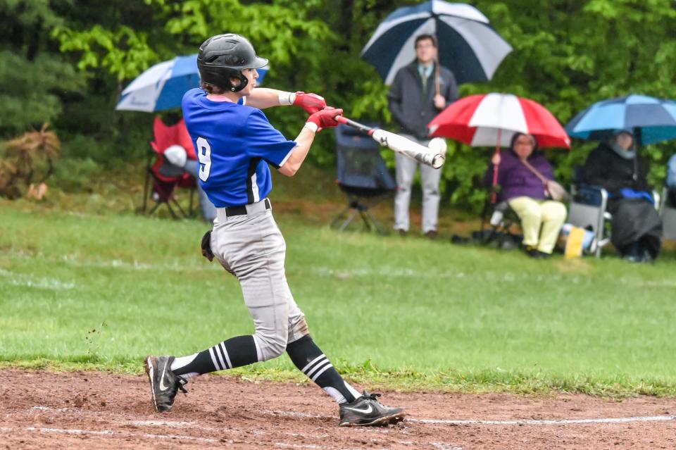 Vergennes' Elijah Duprey gets a pitch in his wheelhouse during the Commodores' game vs the Milton Yellowjackets during the 2023 season.