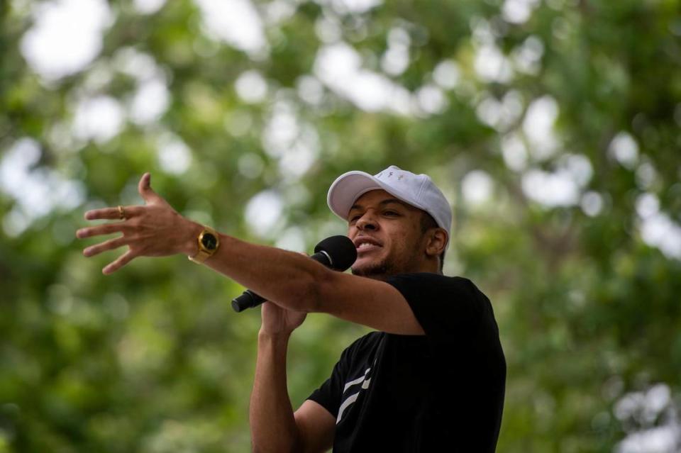 Darrien Case performs poetry at the second annual Advocacy and Awareness Peace March and Rally on Juneteenth, Saturday, June 19, 2021, at Thompson Park in Overland Park, Kansas. Members of the community gathered to hear speakers and watch performers at the rally.