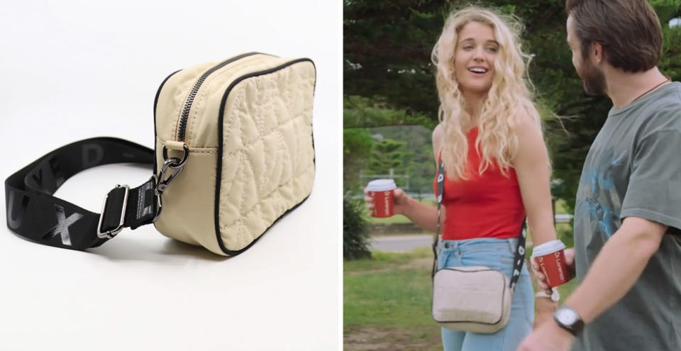 L: Decjuba tan crossbody bag. R: Bree and Remi on Home and Away