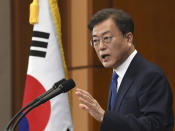 South Korean President Moon Jae-in speaks on the occasion of the third anniversary of inauguration at the presidential Blue House Sunday, May 10, 2020 in Seoul, South Korea. Moon urged citizens not to lower their guard down, but said there’s no reason to be panicked amid worries about a new surge in the coronavirus outbreak in the country. (Kim Min-Hee/Pool Photo via AP)