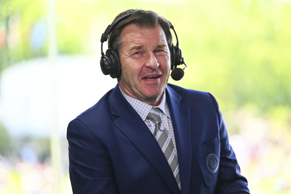 DUBLIN, OHIO - JUNE 04:  Sir Nick Faldo of CBS Sports in the 18th hole booth during the third round of the Memorial Tournament presented by Workday at Muirfield Village Golf Club on June 4, 2022 in Dublin, Ohio. (Photo by Chris Condon/PGA TOUR)