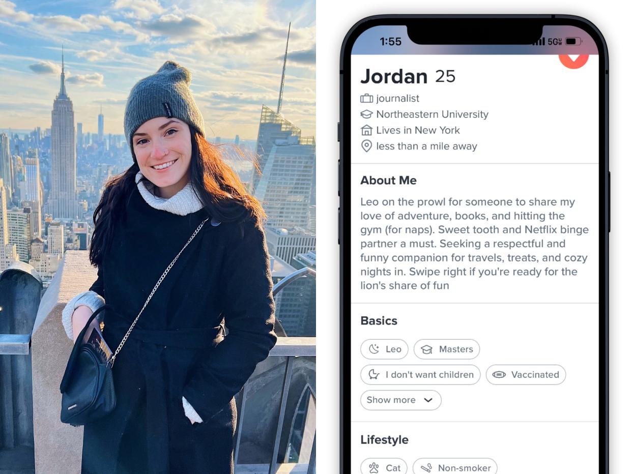 Side-by-side photos show the author and a screenshot of her Tinder dating profile.