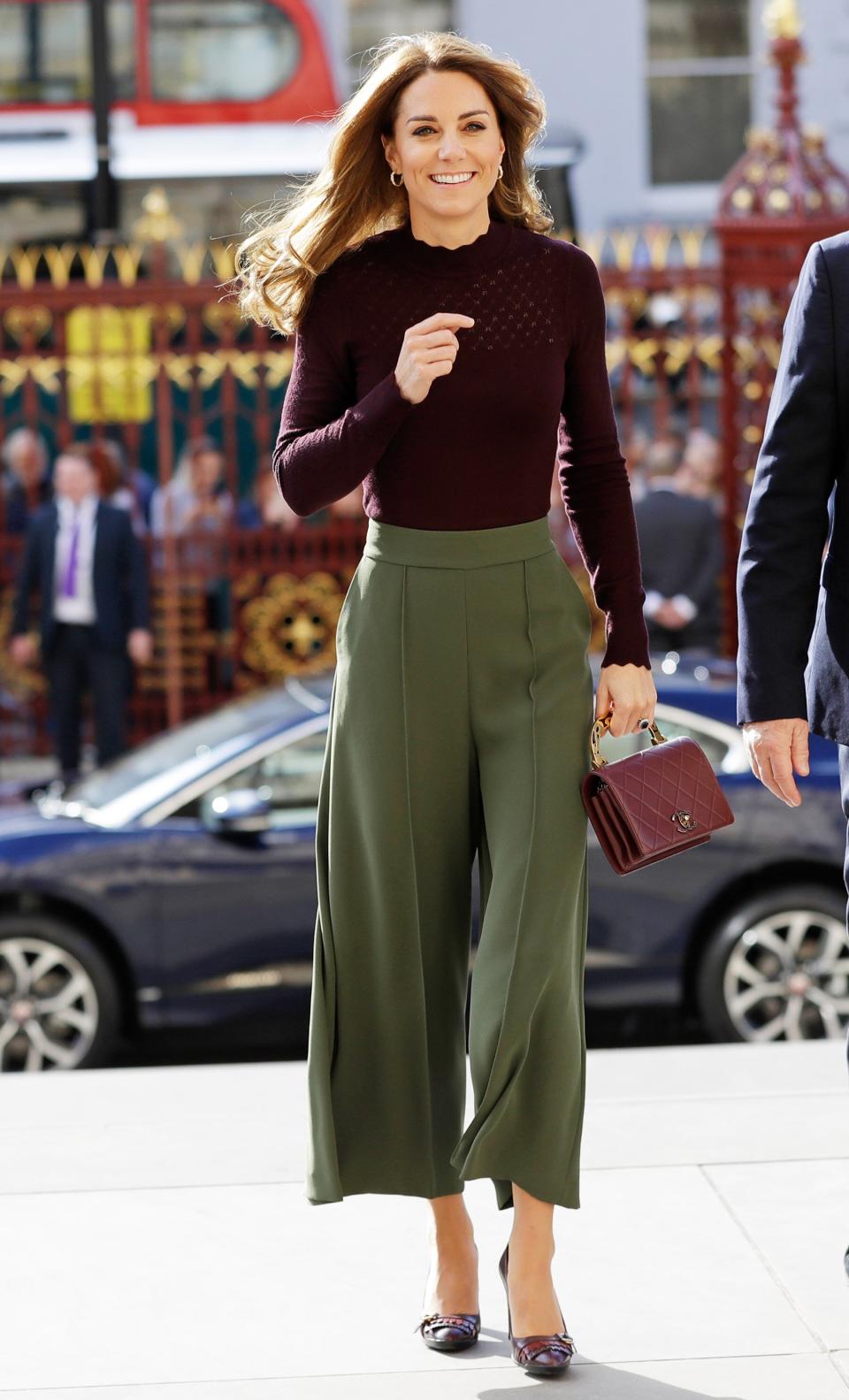 The Duchess of Cambridge <a href="https://people.com/royals/kate-middleton-steps-out-in-the-perfect-fall-style-that-has-a-connection-to-meghan-markle/" rel="nofollow noopener" target="_blank" data-ylk="slk:visited the Natural History Museum in London;elm:context_link;itc:0;sec:content-canvas" class="link ">visited the Natural History Museum in London</a> to learn how the Angela Marmont Centre for U.K. Biodiversity is helping to protect wildlife in the U.K. For the occasion, Kate wore a plum-colored sweater with scallop detail, olive green culottes, and <a href="https://people.com/royals/kate-middleton-chanel-plum-handbag-look-for-less/" rel="nofollow noopener" target="_blank" data-ylk="slk:carried a gorgeous dark purple Chanel bag;elm:context_link;itc:0;sec:content-canvas" class="link ">carried a gorgeous dark purple Chanel bag</a>. <strong>Get the Look!</strong> Amazon Essentials Women's Lightweight Crewneck Sweater, $19.50–$24; <a href="https://www.amazon.com/Amazon-Essentials-Crewneck-Sweater-Burgundy/dp/B079RPS46K/ref=as_li_ss_tl?dchild=1&keywords=women+plum+sweater&qid=1571082254&sr=8-7&linkCode=ll1&tag=poamzfkatemiddletonfallstylekphillips1019-20&linkId=d9bc4e48d3e2b2fe0f174c7f0c9ec78a&language=en_US" rel="nofollow noopener" target="_blank" data-ylk="slk:amazon.com;elm:context_link;itc:0;sec:content-canvas" class="link ">amazon.com</a> Ted Baker Frill Trim Sweater, $139; <a href="https://click.linksynergy.com/deeplink?id=93xLBvPhAeE&mid=1237&murl=https%3A%2F%2Fshop.nordstrom.com%2Fs%2Fted-baker-london-frill-trim-sweater%2F5386547&u1=PEO%2CShopping%3AEverythingYouNeedtoCopyKateMiddleton%E2%80%99sChicWinterStyle%2Ckamiphillips2%2CUnc%2CGal%2C7360903%2C202002%2CI" rel="nofollow noopener" target="_blank" data-ylk="slk:nordstrom.com;elm:context_link;itc:0;sec:content-canvas" class="link ">nordstrom.com</a> J.Crew Crewneck Sweater in Super Soft Yarn, $79.50; <a href="https://click.linksynergy.com/deeplink?id=93xLBvPhAeE&mid=1237&murl=https%3A%2F%2Fshop.nordstrom.com%2Fs%2Fj-crew-crewneck-sweater-in-super-soft-yarn-regular-plus-size-nordstrom-exclusive%2F5343838&u1=PEO%2CShopping%3AEverythingYouNeedtoCopyKateMiddleton%E2%80%99sChicWinterStyle%2Ckamiphillips2%2CUnc%2CGal%2C7360903%2C202002%2CI" rel="nofollow noopener" target="_blank" data-ylk="slk:nordstrom.com;elm:context_link;itc:0;sec:content-canvas" class="link ">nordstrom.com</a> Uniqlo Extra Fine Merino Crew Neck Sweater, $39.90; <a href="https://click.linksynergy.com/deeplink?id=93xLBvPhAeE&mid=40462&murl=https%3A%2F%2Fwww.uniqlo.com%2Fus%2Fen%2Fwomen-extra-fine-merino-crew-neck-sweater-418668.html&u1=PEO%2CShopping%3AEverythingYouNeedtoCopyKateMiddleton%E2%80%99sChicWinterStyle%2Ckamiphillips2%2CUnc%2CGal%2C7360903%2C202002%2CI" rel="nofollow noopener" target="_blank" data-ylk="slk:uniqlo.com;elm:context_link;itc:0;sec:content-canvas" class="link ">uniqlo.com</a> ASOS Design Tailored Clean Culottes, $40; <a href="https://click.linksynergy.com/deeplink?id=93xLBvPhAeE&mid=35719&murl=https%3A%2F%2Fwww.asos.com%2Fus%2Fasos-design%2Fasos-design-tailored-clean-culottes%2Fprd%2F11008142&u1=PEO%2CShopping%3AEverythingYouNeedtoCopyKateMiddleton%E2%80%99sChicWinterStyle%2Ckamiphillips2%2CUnc%2CGal%2C7360903%2C202002%2CI" rel="nofollow noopener" target="_blank" data-ylk="slk:asos.com;elm:context_link;itc:0;sec:content-canvas" class="link ">asos.com</a> Vero Moda Wide Leg Pants, $26 (orig. $65); <a href="https://click.linksynergy.com/deeplink?id=93xLBvPhAeE&mid=35719&murl=https%3A%2F%2Fwww.asos.com%2Fus%2Fvero-moda%2Fvero-moda-wide-leg-pants%2Fprd%2F11788841&u1=PEO%2CShopping%3AEverythingYouNeedtoCopyKateMiddleton%E2%80%99sChicWinterStyle%2Ckamiphillips2%2CUnc%2CGal%2C7360903%2C202002%2CI" rel="nofollow noopener" target="_blank" data-ylk="slk:asos.com;elm:context_link;itc:0;sec:content-canvas" class="link ">asos.com</a> Anthropologie Jamey Knit Wide Leg Pants, $98; <a href="https://click.linksynergy.com/deeplink?id=93xLBvPhAeE&mid=39789&murl=https%3A%2F%2Fwww.anthropologie.com%2Fshop%2Fjamey-knit-wide-leg-pants&u1=PEO%2CShopping%3AEverythingYouNeedtoCopyKateMiddleton%E2%80%99sChicWinterStyle%2Ckamiphillips2%2CUnc%2CGal%2C7360903%2C202002%2CI" rel="nofollow noopener" target="_blank" data-ylk="slk:anthropologie.com;elm:context_link;itc:0;sec:content-canvas" class="link ">anthropologie.com</a> Line & Dot Poppy Pants, $99; <a href="http://www.anrdoezrs.net/links/8029122/type/dlg/sid/PEO,Shopping:EverythingYouNeedtoCopyKateMiddleton’sChicWinterStyle,kamiphillips2,Unc,Gal,7360903,202002,I/https://www.revolve.com/line-dot-poppy-pants/dp/LEAX-WP20/" rel="nofollow noopener" target="_blank" data-ylk="slk:revolve.com;elm:context_link;itc:0;sec:content-canvas" class="link ">revolve.com</a>