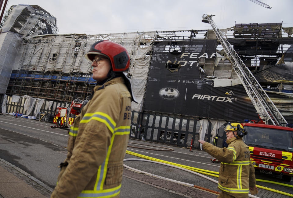 Emergency management work to secure the area after a fire in the former Stock Exchange of Copenhagen, Boersen, Wednesday, April 17, 2024. A fire raged through one of Copenhagen’s oldest buildings on Tuesday, causing the collapse of the iconic spire of the 17th-century Old Stock Exchange as passersby rushed to help emergency services save priceless paintings and other valuables. (Liselotte Sabroe/Ritzau Scanpix via AP)