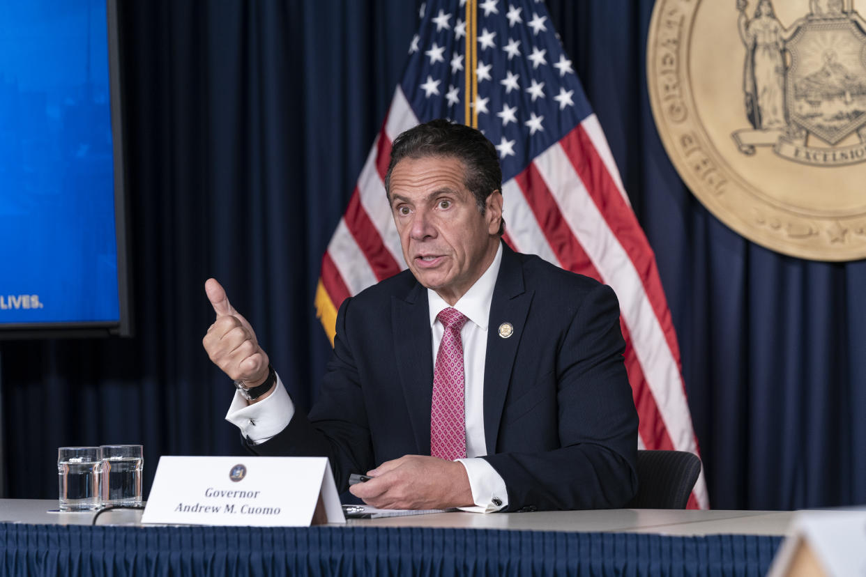 NEW YORK, UNITED STATES - 2020/09/29: New York State Governor Andrew Cuomo holds daily media announcement and briefing at 633 3rd Avenue, Manhattan. Governor discussed Stabilization and Recovery Program for the state as well as uptick of positive infections in some areas of the state. Governor Andrew Cuomo announced that he will meet with Orthodox Jewish leaders to address COVID-19 clusters in communities downstate. He emphasized importance of wearing masks, social distances and enforcement of compliance. (Photo by Lev Radin/Pacific Press/LightRocket via Getty Images)