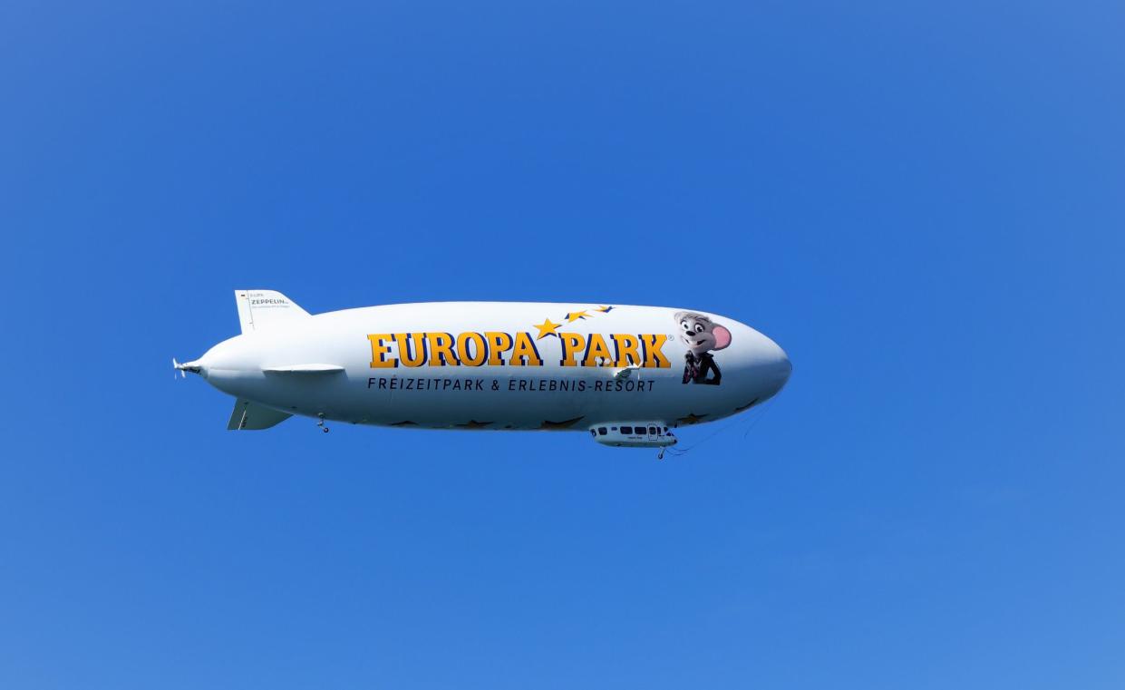 Friedrichshafen, Germany - July 16, 2017: Airship in Friedrichshafen. The Zeppelin Europa Park in the air. The Zeppelin starts to flights over the Lake Constance and the Alps. The Zeppelin was built in Friedrichshafen.