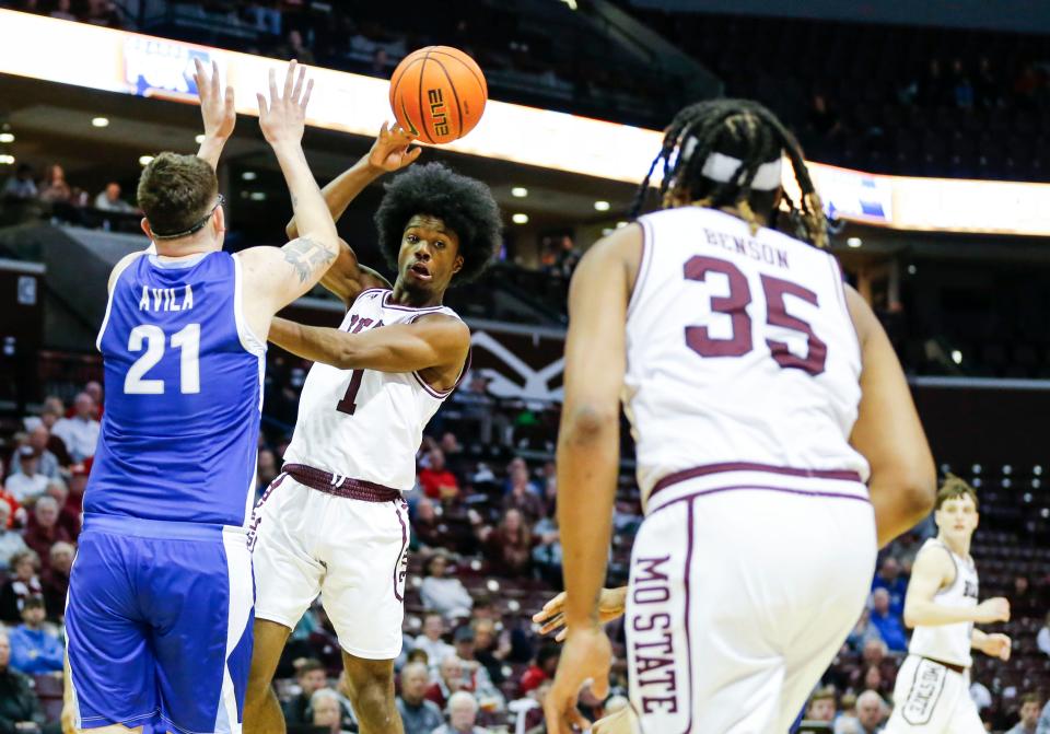 Missouri State junior Alston Mason makes a pass as the Bears took on the Indiana State Sycamores at Great Southern Bank Arena on Saturday, Feb. 10, 2024.