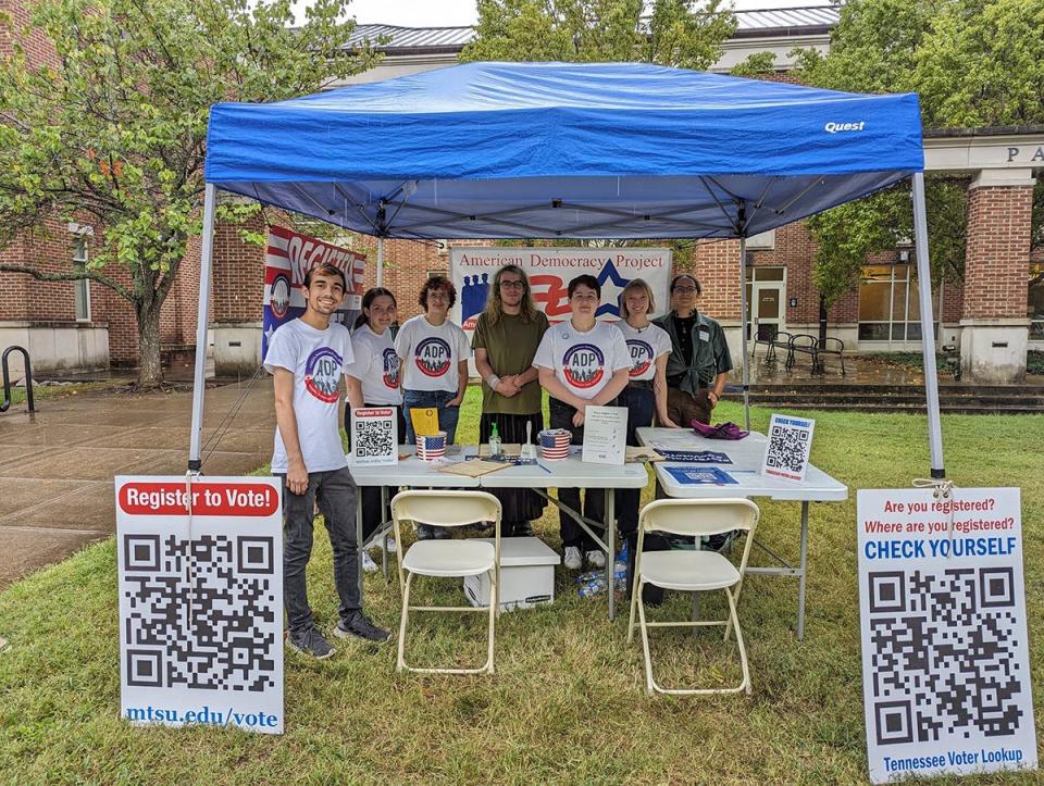 Students man the voter registration table at the 2023 Constitution Day activities on Sept. 28. Efforts like this helped win Middle Tennessee State University the top spot for the Tennessee College Voter Registration Competition.