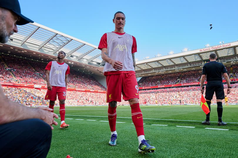 Darwin Nunez of Liverpool during the Premier League match against Wolverhampton Wanderers at Anfield on May 19 2024