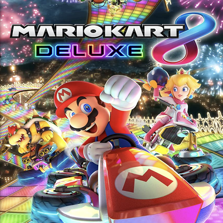 A close-up of the Mario Kart 8 Deluxe Nintendo Switch game cover