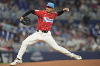 Miami Marlins' Jesus Luzardo delivers a pitch during the first inning of a baseball game against the Philadelphia Phillies, Saturday, May 11, 2024, in Miami. (AP Photo/Wilfredo Lee)