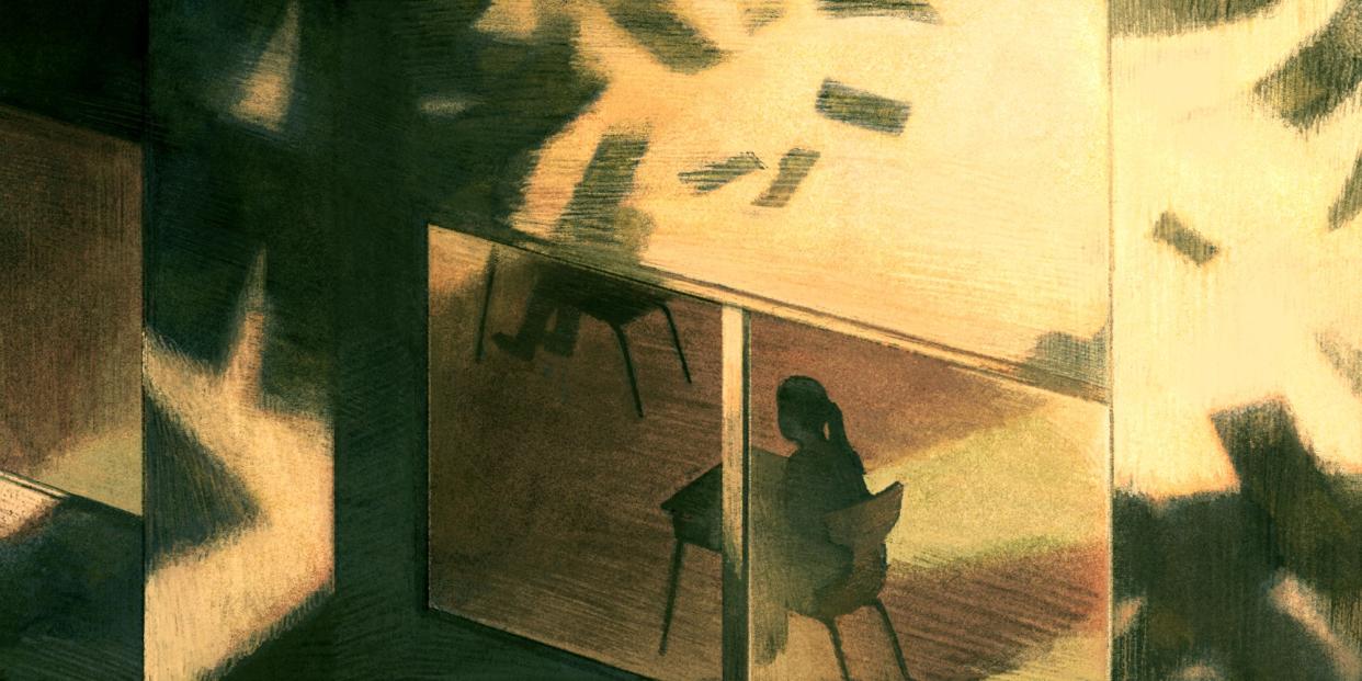 A student in a window with shadows shapd like money surrounding the composition