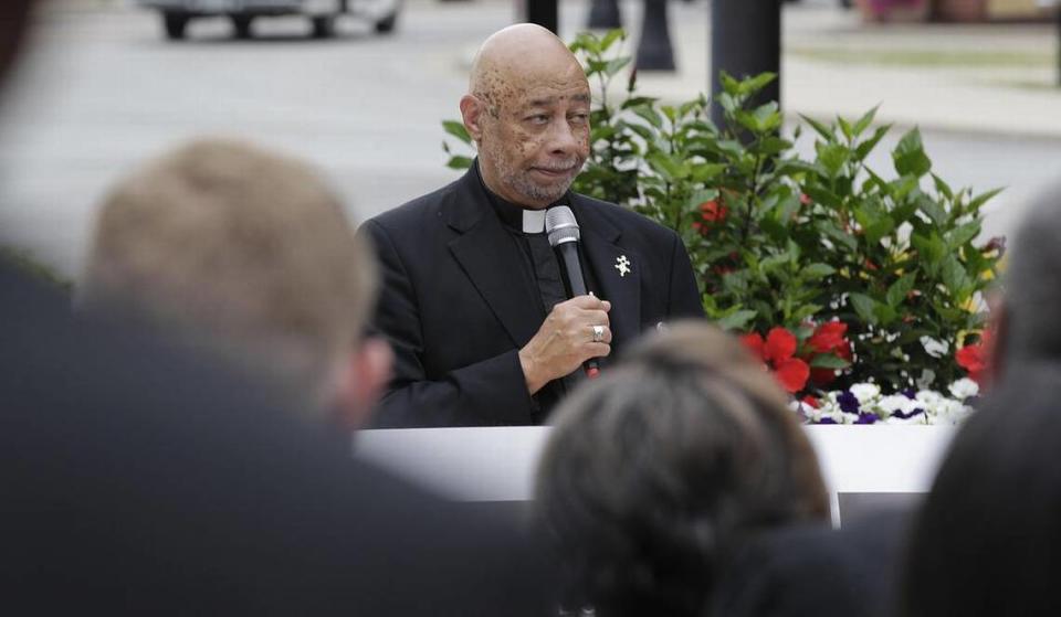 Rev. Joseph Brown speaks during the ceremony kicking off the East St. Louis remembrance weekend at the St. Clair County Building. Tim Vizer/tvizer@bnd.com