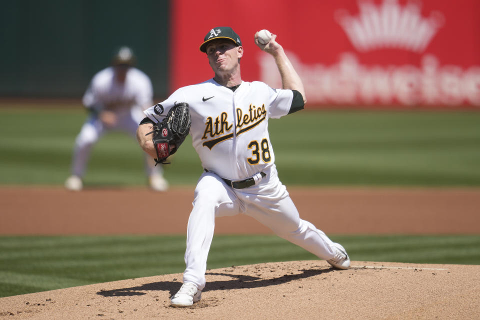 Oakland Athletics pitcher JP Sears works against the Baltimore Orioles during the first inning of a baseball game in Oakland, Calif., Sunday, Aug. 20, 2023. (AP Photo/Jeff Chiu)