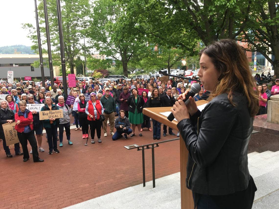 Jenn Mason of Bellingham addresses the crowd at an abortion-rights rally in May 2019 outside City Hall in Bellingham. Mason owns a sex shop called WInk WInk and is a member of the Bellingham Public Schools board of directors.