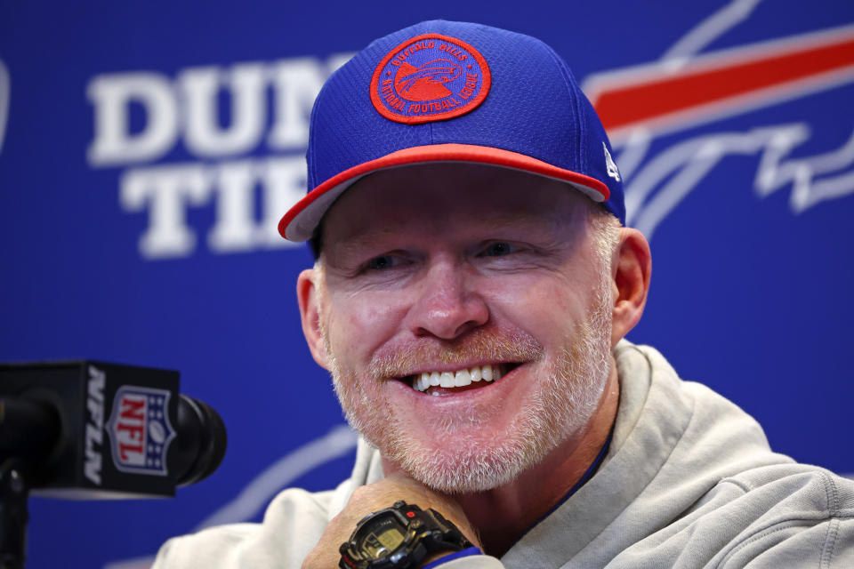 Buffalo Bills head coach Sean McDermott meets with reporters after an NFL football game against the New England Patriots in Orchard Park, NY., Sunday, Dec. 31, 2023. (AP Photo/Jeffrey T. Barnes )