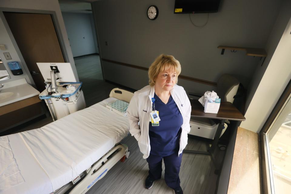 Nurse Susan Wood, director of the new novice nurse program inside Saint Francis Hospital's new oncology training wing, where experienced nurses will team with new caregivers for a hands-on learning experience that was lost during portions of the pandemic where bedside training was replaced with remote learning.