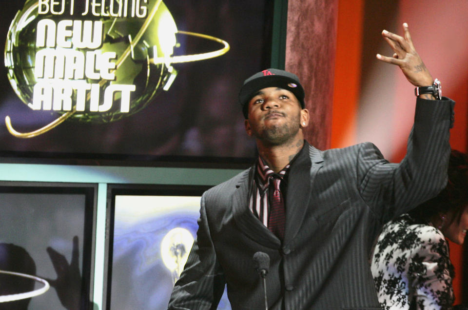 HOLLYWOOD – AUGUST 31: Rapper The Game receives the award for Best New Male Artist on stage at the 2005 World Music Awards at the Kodak Theatre on August 31, 2005 in Hollywood, California. (Photo by Jo Hale/Getty Images)