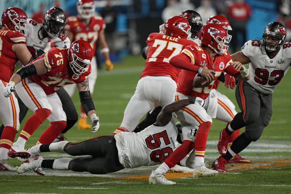 Tampa Bay Buccaneers outside linebacker Shaquil Barrett sacks Kansas City Chiefs quarterback Patrick Mahomes during the second half of the NFL Super Bowl 55 football game Sunday, Feb. 7, 2021, in Tampa, Fla. (AP Photo/David J. Phillip)